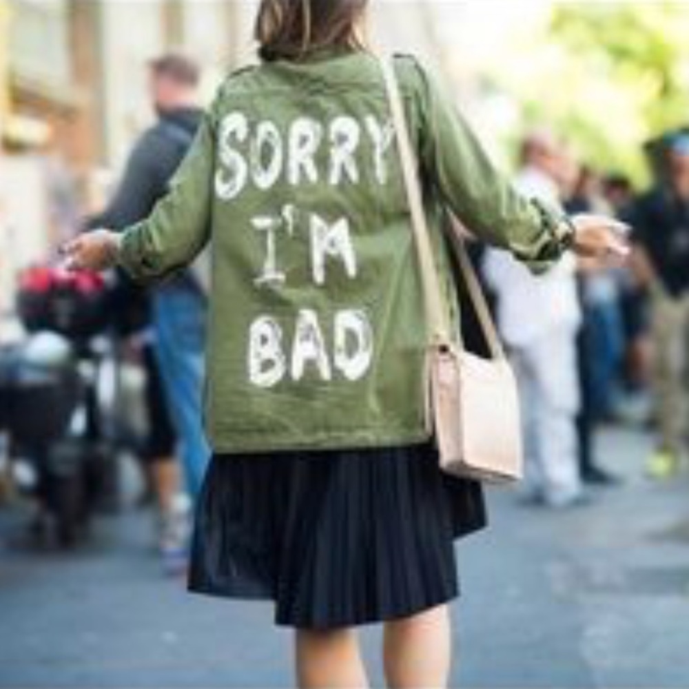 Forever 21 Olive Green Utility Jacket with White Graphic Text - Picture 1 of 8